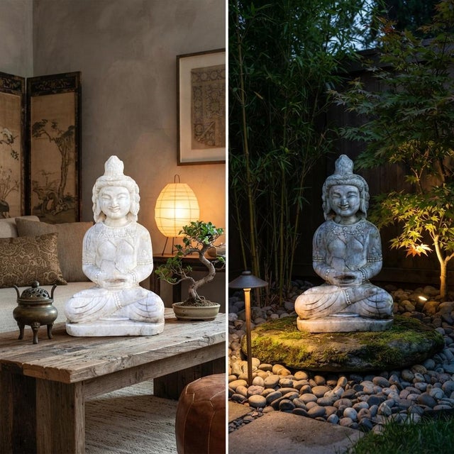 Vintage Distressed White Marble Stone Sitting Tara Bodhisattva Statue For Sale - Image 9 of 9