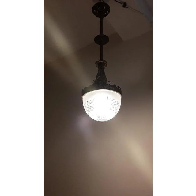Antique Ceiling Lamp with Frosted Cut Glass Shade, 1890s For Sale - Image 5 of 7