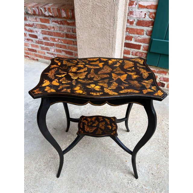 Vintage French Side Table Chinoiserie Butterfly Black Lacquer Hollywood Regency For Sale - Image 13 of 18