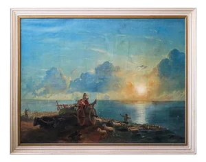 Italian Artist, Sunset with Animals and Characters, 1800s, Oil on Canvas, Framed