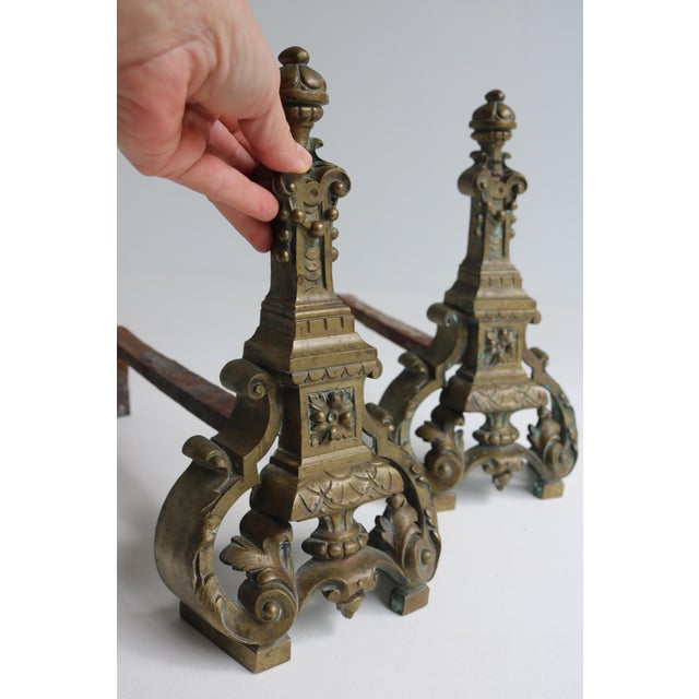Gold French Baroque Style Brass Andirons, 1890s, Set of 2 For Sale - Image 8 of 11