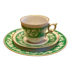 1930s Vintage Hand-Painted Porcelain Tea Set With Green and Gold Floral Pattern- 3 Pieces