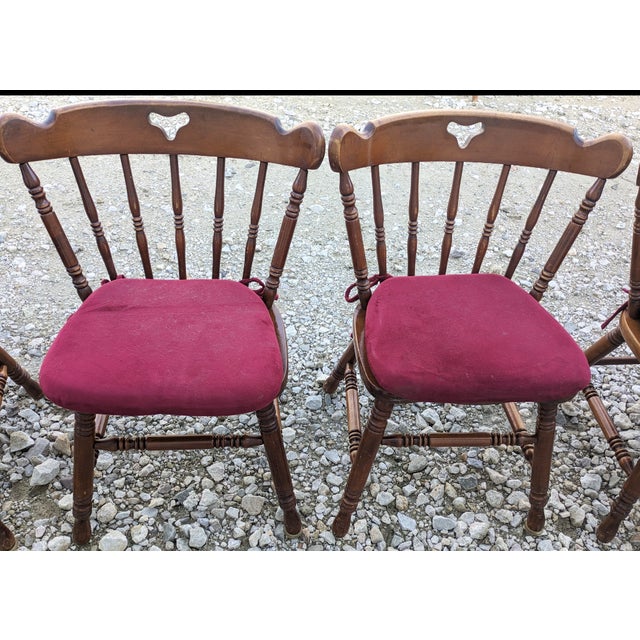 Swiss-American Tell City Pub Chairs in Solid Hard Rock Maple Dining Chairs. Set of Six With Red /Maroon Cushions. For Sale - Image 4 of 9