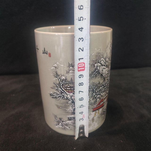 White Chinese Ceramic Pot,Famille Rose Porcelain Brush Pot Hand Painted Snow Scene Landscape Pattern For Sale - Image 8 of 9