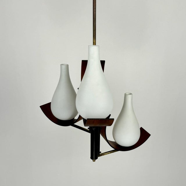 Stilnovo Pendant Light in Teak with Milk Glass and Brass, 1960s For Sale - Image 4 of 10