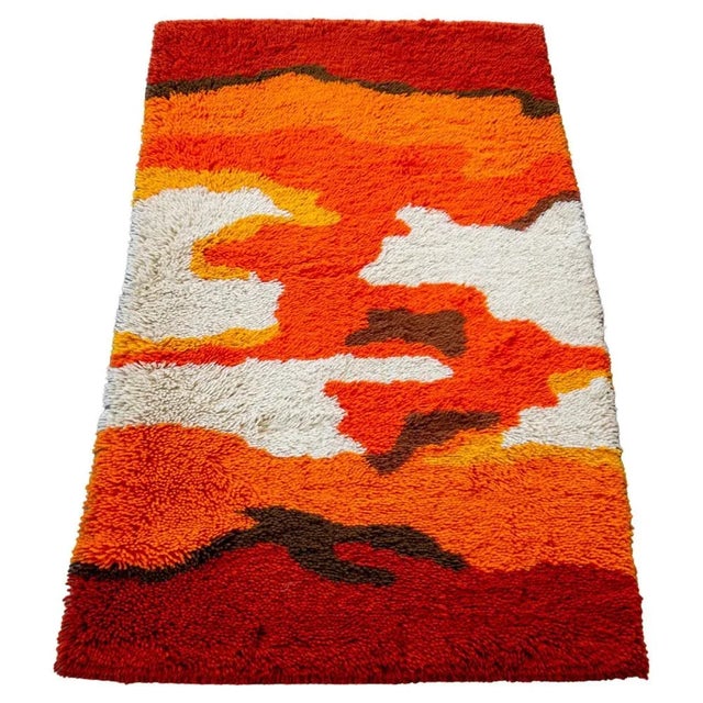 Textile Mid-Century Scandinavian Rya Rug in Orange, Yellow, Red and White, Sweden, 1970s For Sale - Image 7 of 7