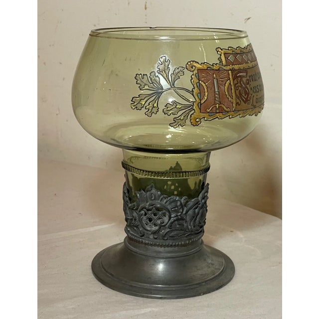 1920s Large Friedr. Van Hauten Enameled Hand Blown Glass Pewter Drinking Vessel Roemer For Sale - Image 9 of 13