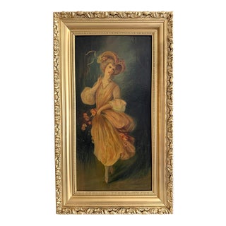 Antique Oil Portrait Young Woman European Lady Gilt Frame 19th Century For Sale