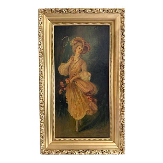 Antique Oil Portrait Young Woman European Lady Gilt Frame 19th Century For Sale