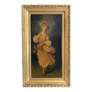 Antique Oil Portrait Young Woman European Lady Gilt Frame 19th Century