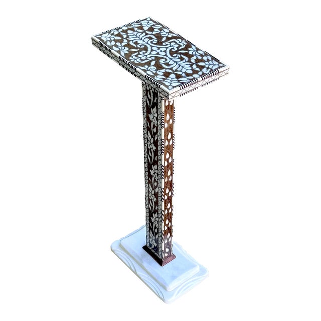 Vintage Damascus Mother-of-Pearl Inlay Pedestal Side Table With Natural Marble Base For Sale