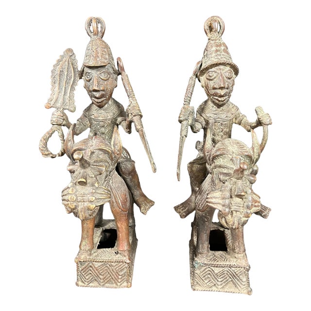 Pair of African Tribal Art Benin Bronze Warrior Figures on Horseback For Sale