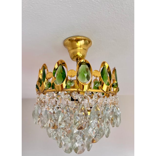 French 1960s French Brass Crown Chandelier – Rare Green & Clear Crystals For Sale - Image 3 of 14