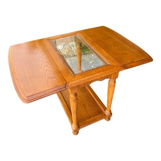1980s Vintage Oak Drop Leaf Table With Glass Center For Sale