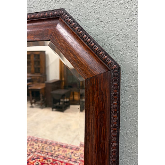 Wood Antique English Jacobean Mirror Framed Beveled Octagonal Oak c.1930s For Sale - Image 7 of 18