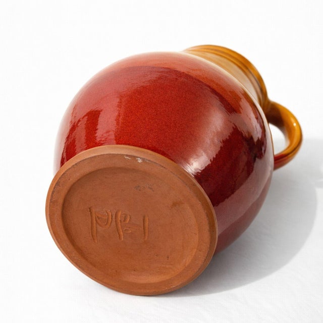 Mid-Century Modern Vintage Red Orange Ceramic Pitcher Vase / Mid Century Pottery Jug / Two Tone Glazed Decorative Vessel For Sale - Image 3 of 6