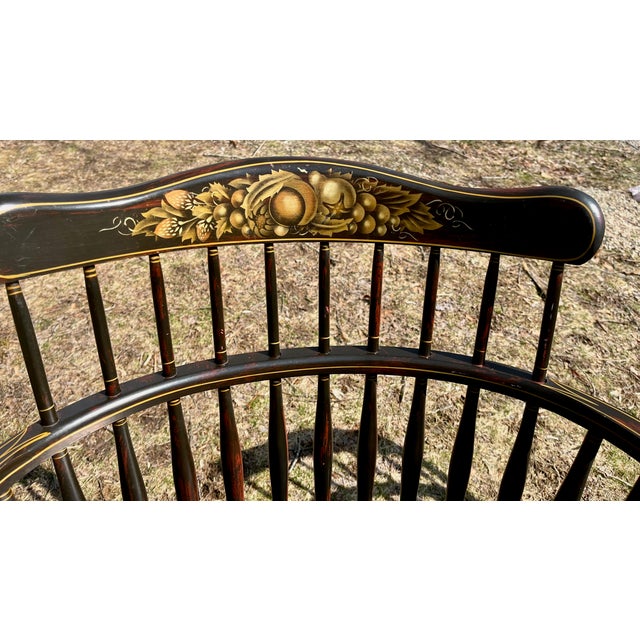 Pair Stenciled Arm Chairs Windsor Comb Backs Attrib.Nichols & Stone Harvest Farmhouse For Sale In Providence - Image 6 of 8