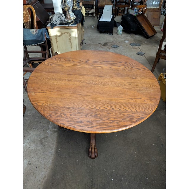 Vintage Oak Round Pedestal Dining Table With Claw Feet For Sale - Image 10 of 10