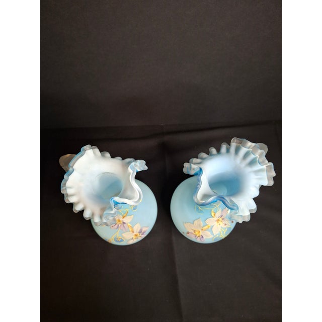 Antique Pair Victorian Blue Satin Cased Glass Pitcher Ewers Hand Painted Orchids Frosted Coral Branch Handles Ruffled Rim - a Pair For Sale In Boston - Image 6 of 18