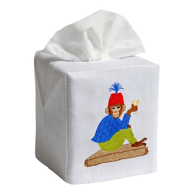 Martini Monkey Tissue Box Cover in White Linen & Cotton, Embroidered For Sale