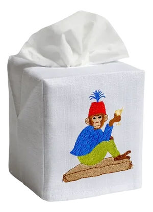 Martini Monkey Tissue Box Cover in White Linen & Cotton, Embroidered