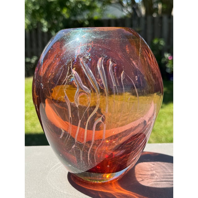 1980s Iridescent Sparkle Air Trap Bubble Vein Art Glass 6.5" Vase Signed '80 For Sale - Image 12 of 18