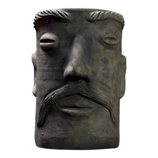 1990s Vintage Mexican Black Matte Sculptural Wood Fired Face Vase For Sale