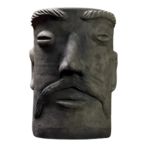 1990s Vintage Mexican Black Matte Sculptural Wood Fired Face Vase
