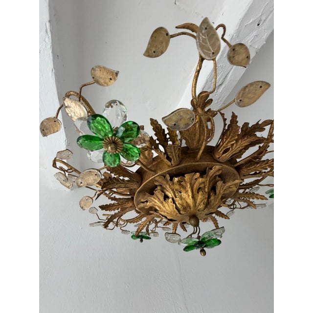 Flush Mount Maison Baguès Crystal Green Flowers Leaves Chandelier 9 Lights For Sale - Image 6 of 11