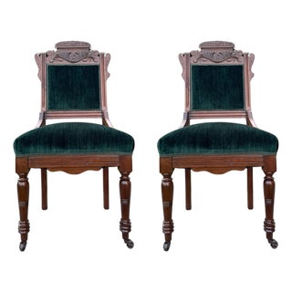 Antique 1880s Eastlake Chairs • Carved Victorian Pair • Green Velvet Upholstery For Sale