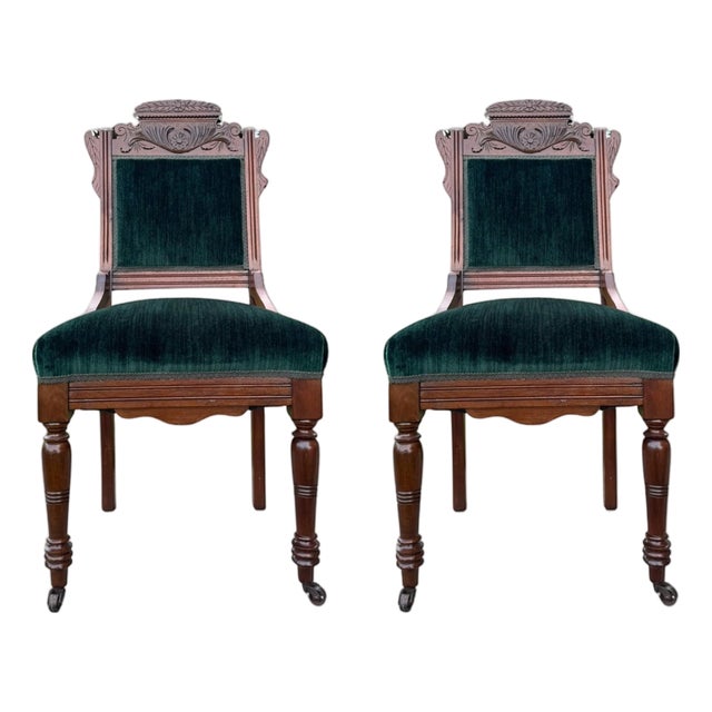 Antique 1880s Eastlake Chairs • Carved Victorian Pair • Green Velvet Upholstery For Sale