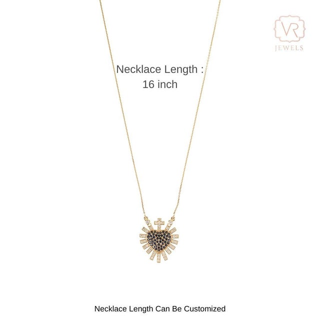 Blue Sapphire Diamond Sacred Heart Sunburst Pendant Necklace in 14k Yellow Gold For Sale - Image 10 of 16