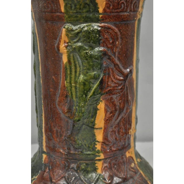 Neoclassical Antique Majolica Terracotta Red Green Drip Glaze Figural Plant Stand Pedestal For Sale - Image 3 of 12