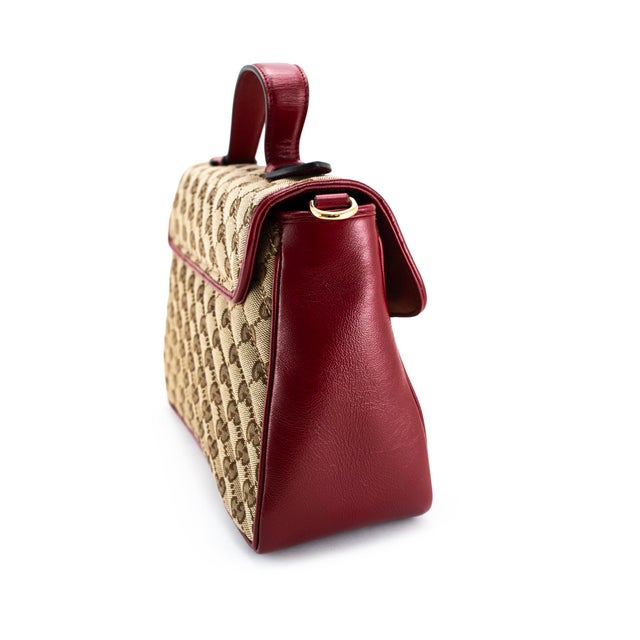 Modern Gucci Gg Marmont Mini Beige Gg Canvas Red Leather Top Handle Bag For Sale - Image 3 of 13
