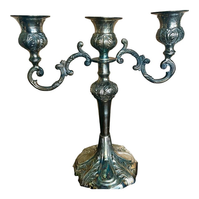 Mid 20th Century Silver Plate Single 3 Light Candelabra Candle Holder For Sale