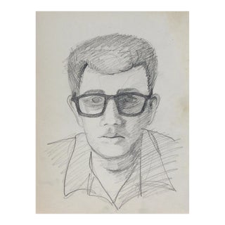 Vintage Mid Century Man in Glasses Portrait Drawing For Sale