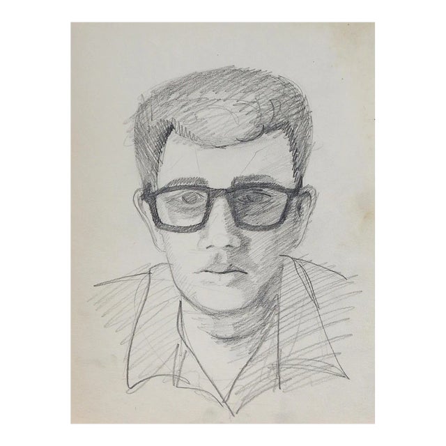 Vintage Mid Century Man in Glasses Portrait Drawing For Sale