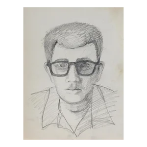 Vintage Mid Century Man in Glasses Portrait Drawing