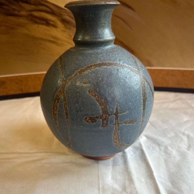 Abstract Vintage Blue Asian Abstract Pottery Vase For Sale - Image 3 of 7