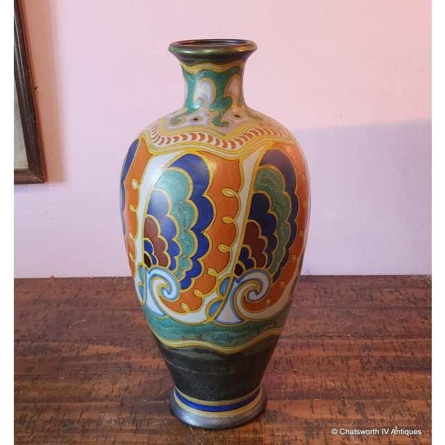 Art Nouveau Rare Monumental Antique Art-Nouveau Dutch Holland Large Gouda Pottery Vase #711 C1918 For Sale - Image 3 of 14