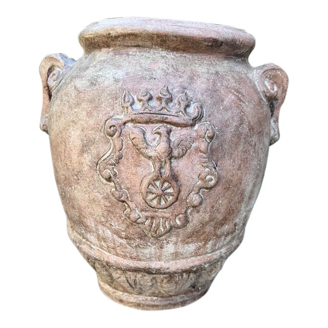 Vintage Tuscan Style Terracotta Garden Urn With Mascaron Handles and Heraldic Crest For Sale