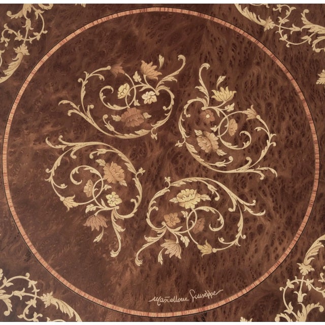 Wood Circa 1980 Italian Intarsio Lazy Susan Arabesque & Sorrentine Scroll Motif - Removable 5mm Glass Top For Sale - Image 7 of 13