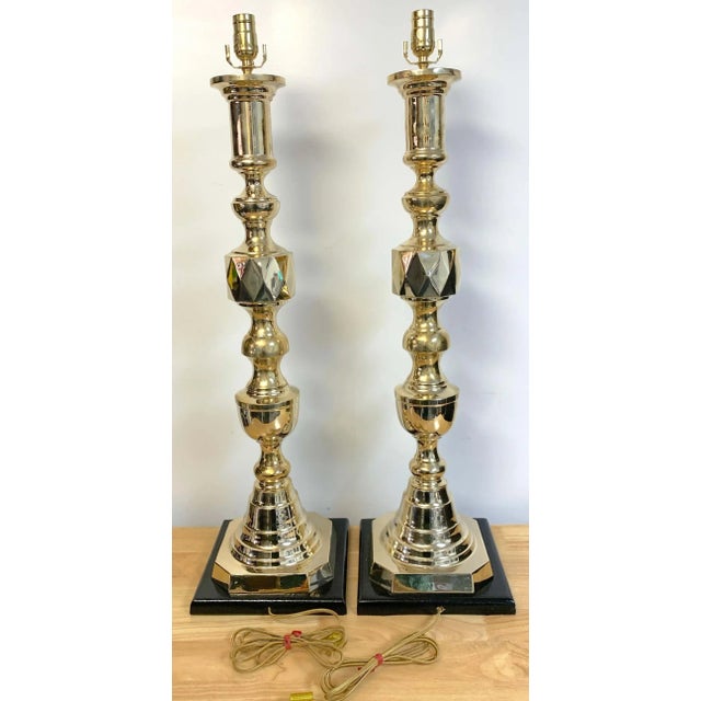 Mid 20th Century Monumental 'Ace of Diamonds' Brass Candlestick Lamps - a Pair For Sale - Image 9 of 10