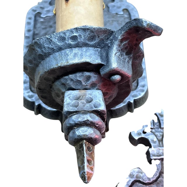1910s Bare Bulb 4 + 1 Hammered Wall Sconces Storybook or Spanish Revival Mission Style #2598 For Sale - Image 12 of 14