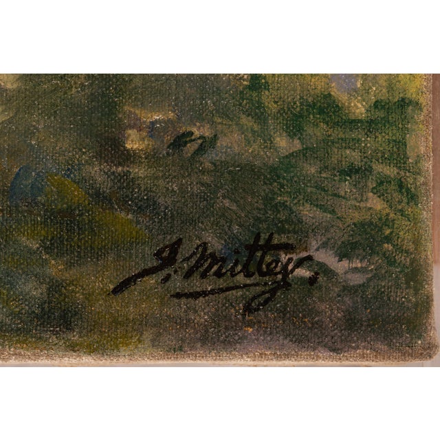 Signed "J. Mittey" in the lower right corner. This evocative impressionist landscape captures a tranquil sunset over a...