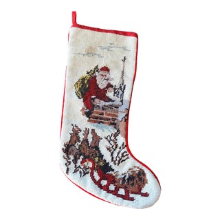 Late 20th Century Vintage Needlepoint Christmas Stocking Santa Claus With His Sleigh For Sale