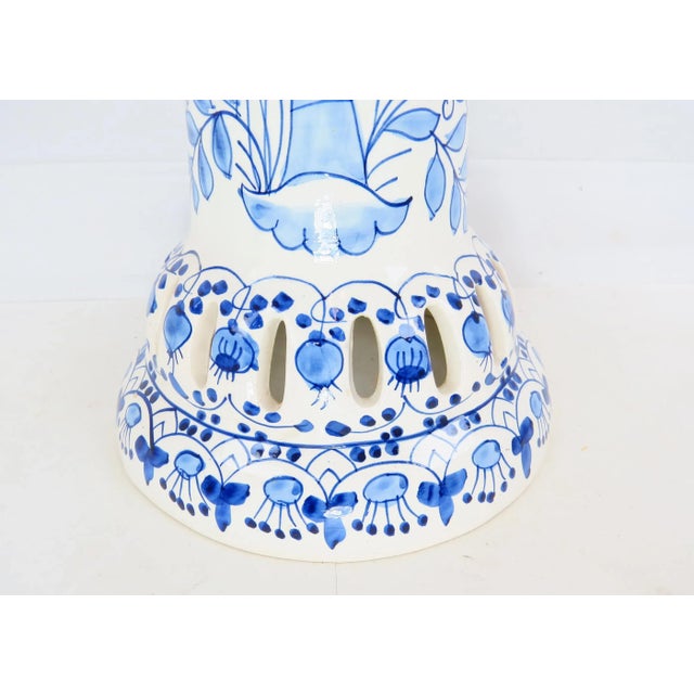 Blue Vintage 1970s Spanish Ceramic Blue & White Reticulated Jardiniere Planter on Pedestal For Sale - Image 8 of 12