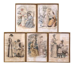 19th Century French Color Women Fashion Prints Framed Dated 1890 "Set of Five"