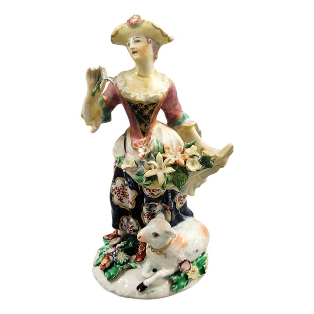 Porcelain Figure of a Lady with Lamb and Flowers from Bow, 1760 For Sale
