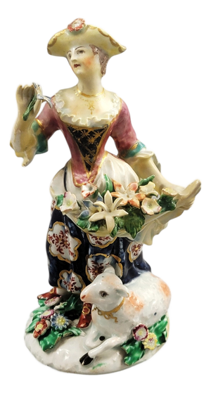Porcelain Figure of a Lady with Lamb and Flowers from Bow, 1760